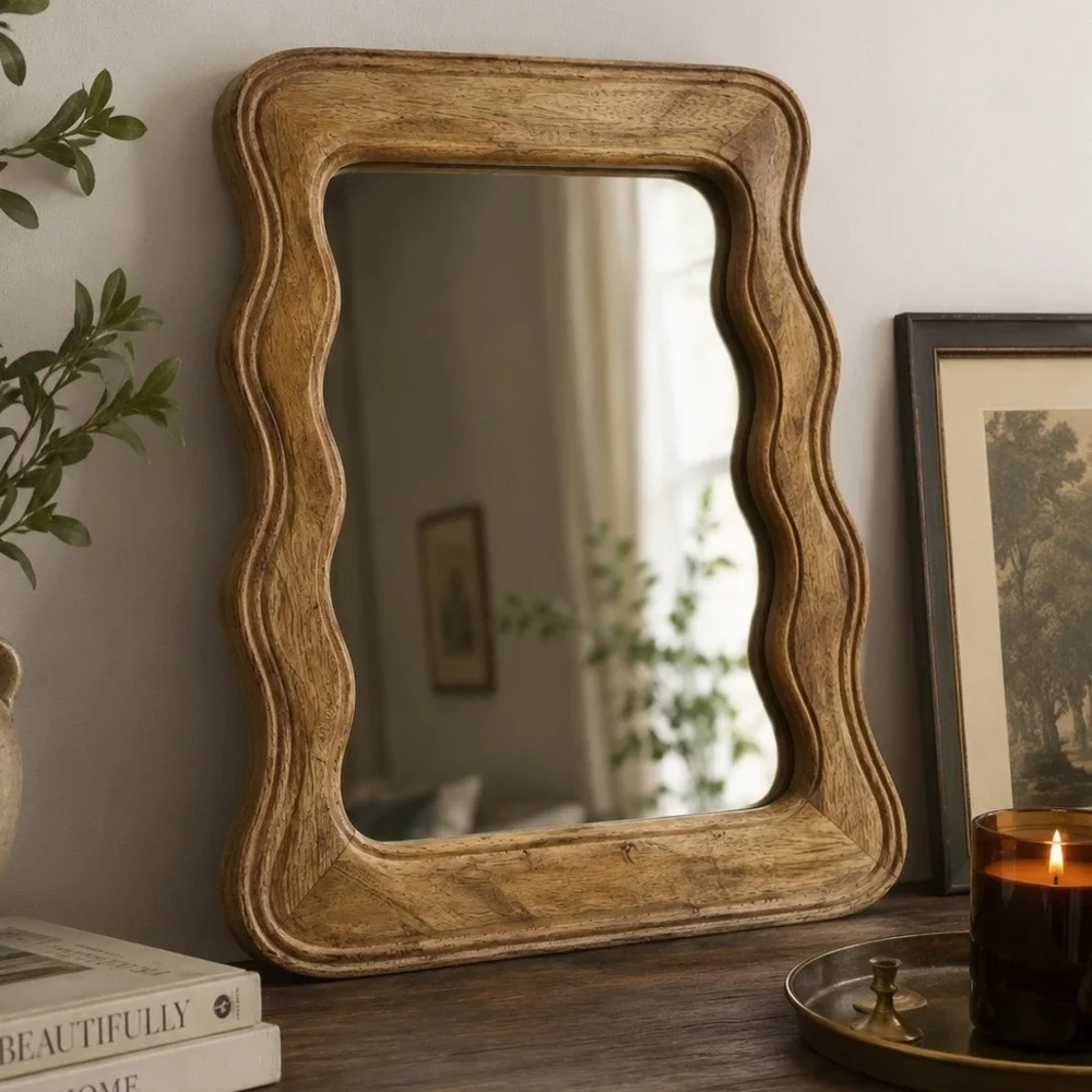 Wavy Wood Mirror Mango Wood Scalloped Brown Tabletop 12x10 Boho Cottage Decor